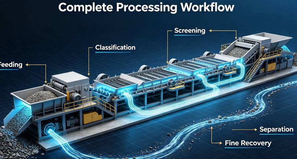 fluxo de processamento de minerais, otimização da recuperação de mineração, processo de separação por gravidade, processamento modular de mineração, processamento de minerais em pequena escala